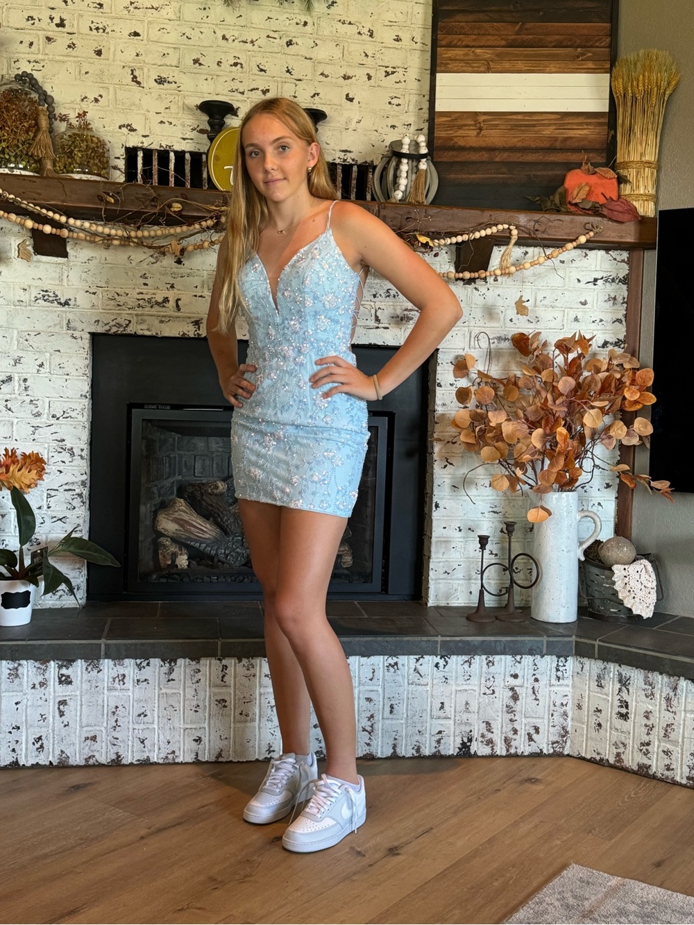 Light Blue Sequin V-Neck Mini Dress. Size 6